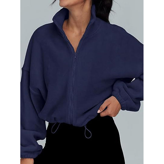 Damen trendy Oversize-Zip-Pullover mit hohem Kragen und Kordelzug R&B