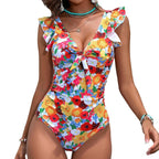 Damen Einteiler Badeanzug mit floralem Design und verspielten Rüschendetails R&B