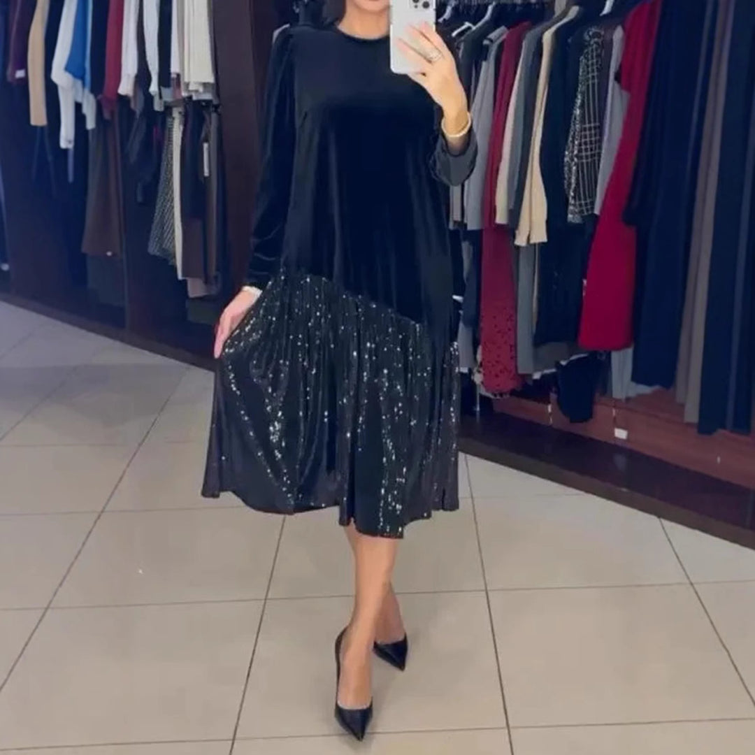 Damen nan Samt-Midikleid mit plissiertem Paillettenrock, lockerem A-Linien-Schnitt und Rundhalsausschnitt R&B
