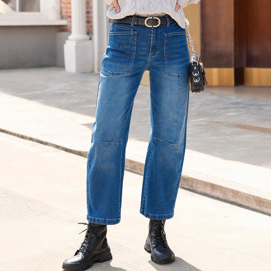 Damen Weite Denim-Hose mit hohem Bund und Taschen