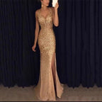 Damen Glamouröses Abendkleid mit glitzernden Pailletten und tiefem Schlitz EB