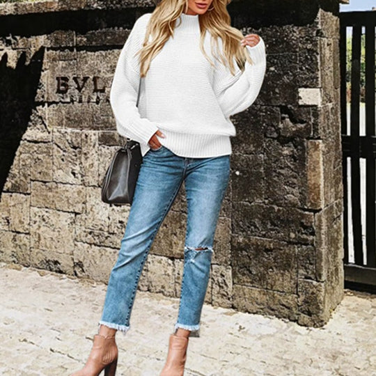Damen Grobstrickpullover mit hohem Kragen und lässigen Ärmeln R&B