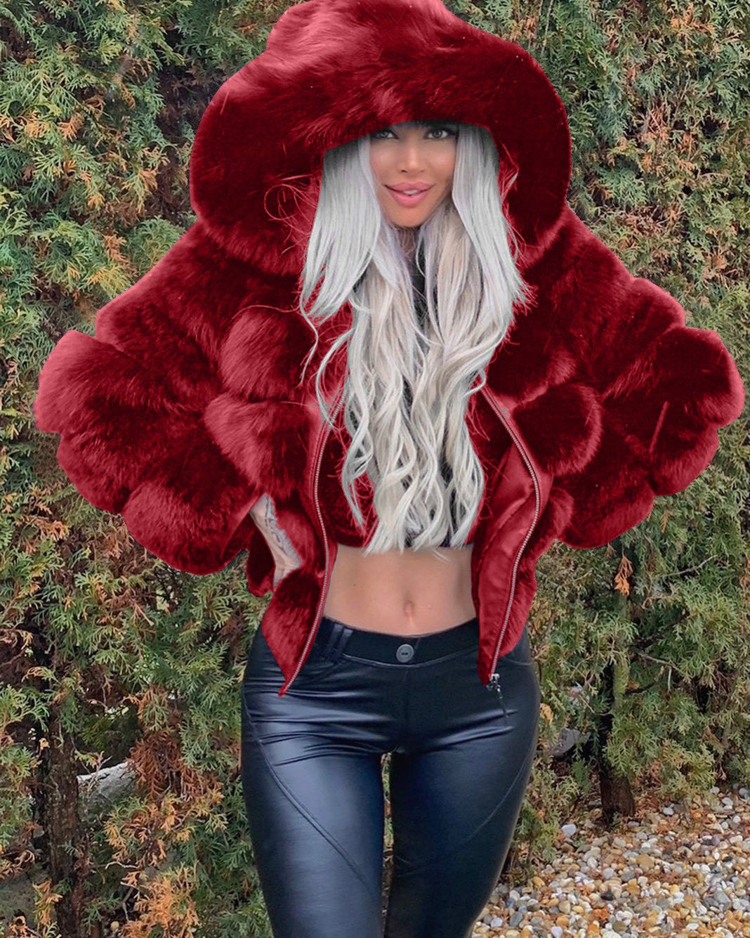 Damen Sportliche Kunstpelzjacke mit Kapuze R&B