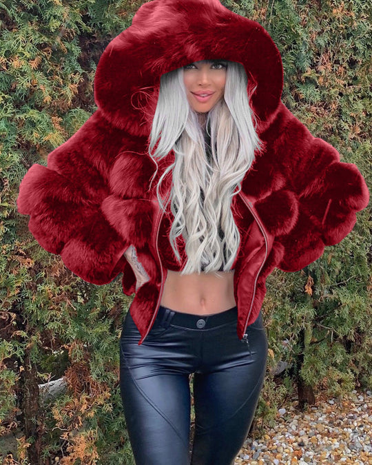 Damen Sportliche Kunstpelzjacke mit Kapuze R&B