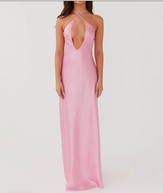 Damen Maxikleid mit tiefem V-Ausschnitt und eleganter Rückenansicht R&B