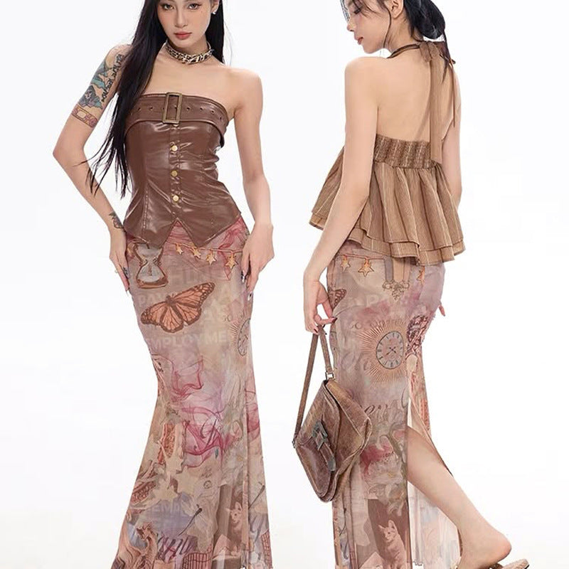 Damen Eleganter, transparenter Maxirock mit künstlerischem Druck und fließendem Schnitt R&B
