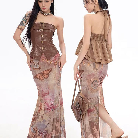 Damen Eleganter, transparenter Maxirock mit künstlerischem Druck und fließendem Schnitt R&B