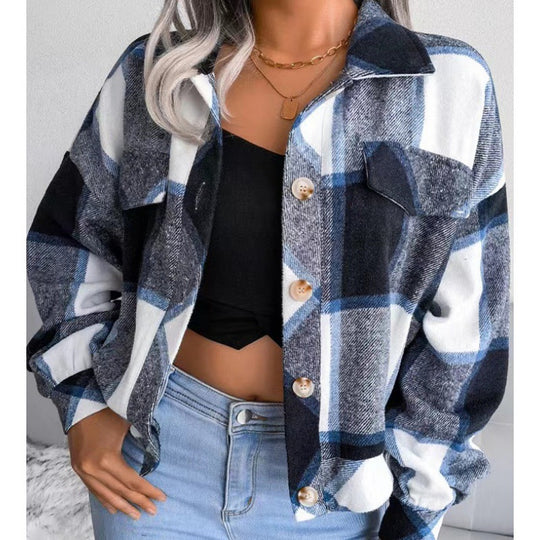 Damen karierte Flanelljacke mit Knopfverschluss und Brusttasche R&B