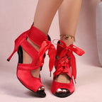 Damen Offene High Heel Sandalen mit raffiniertem Schnürdesign und elegantem Satin R&B