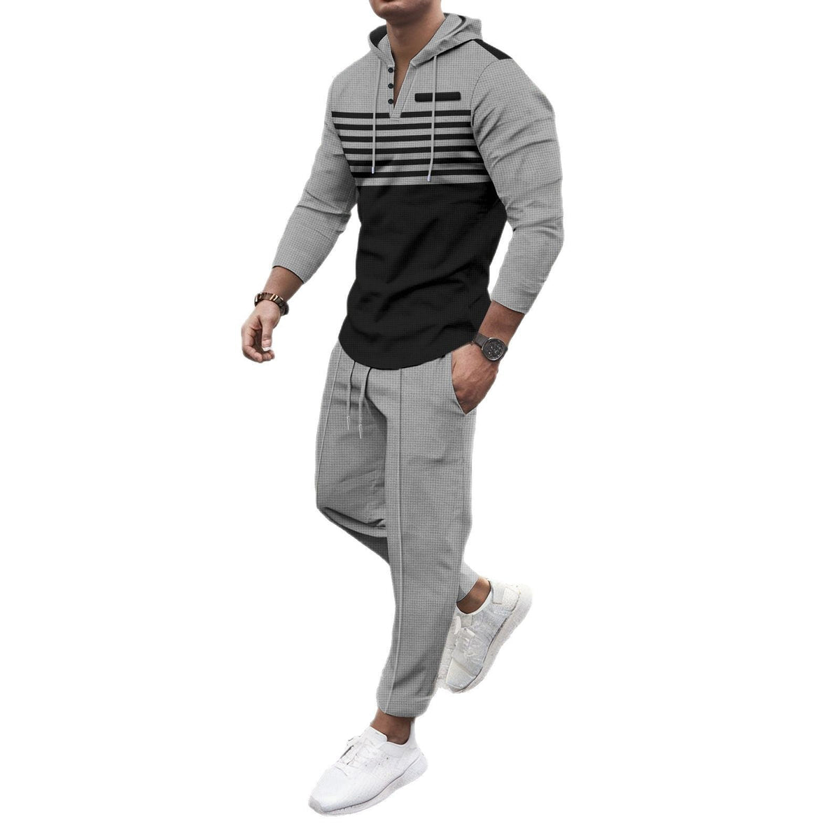 Herren nan Henley-Kapuzen-Lounge-Set mit Streifenpasse, Halbknopfleiste und konischer Jogginghose R&B