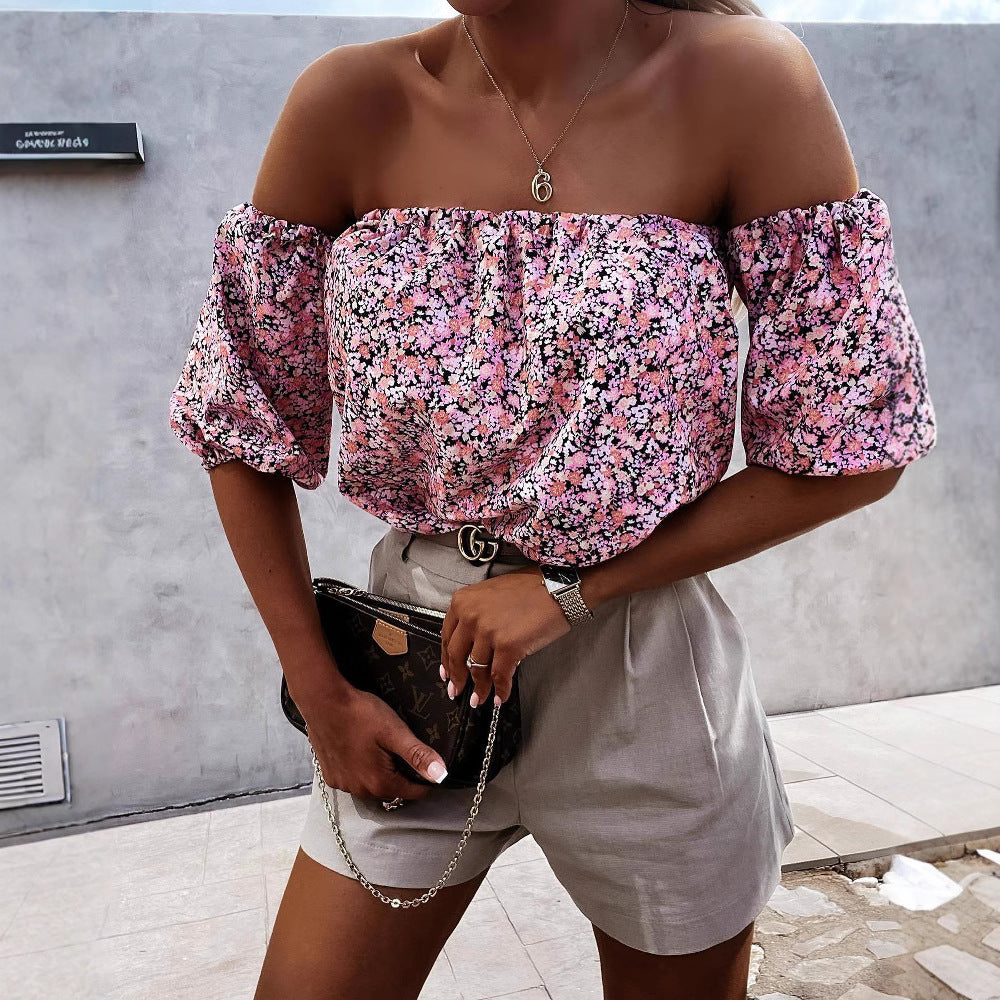 Damen Off-Shoulder Bluse mit voluminösen Puffärmeln und floralem Muster R&B