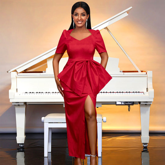 Damen Maxikleid mit eleganter Drapierung und voluminösem Rock R&B