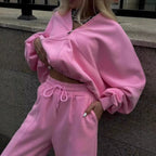 Damen nan cropped Hoodie mit halbem Reißverschluss und Highwaist Jogginghose R&B