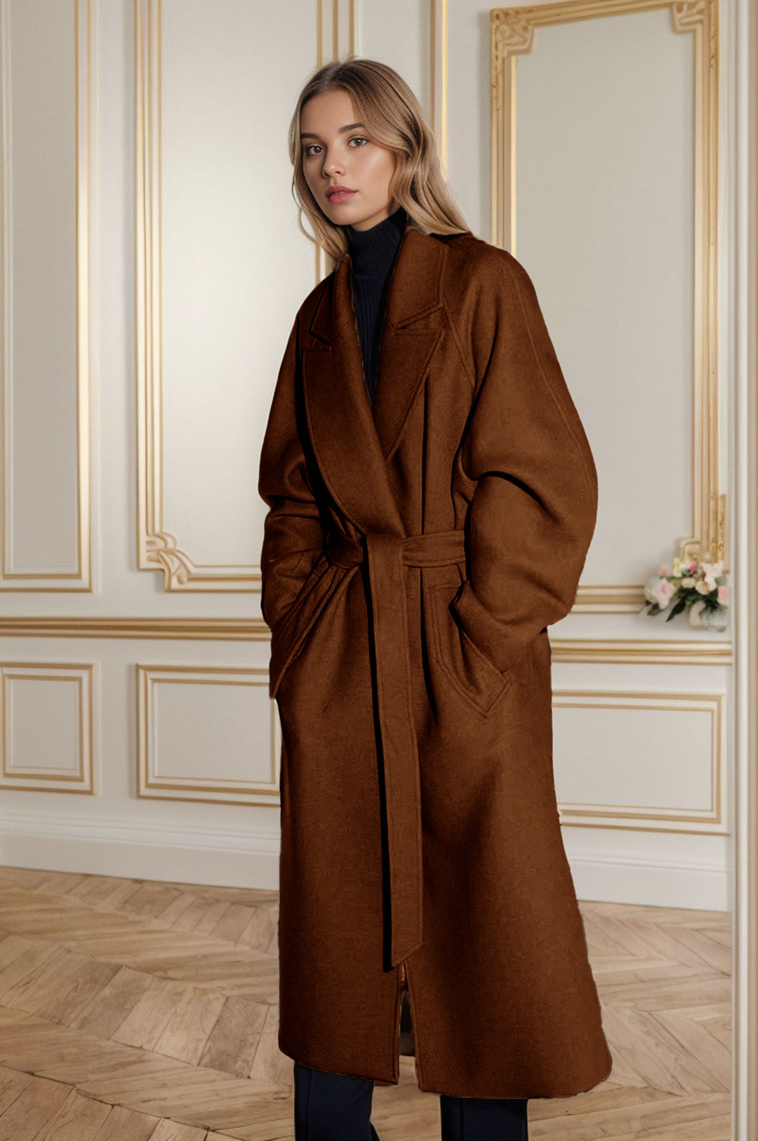 Damen eleganter Übermantel mit weitem Schnitt und Gürtel R&B