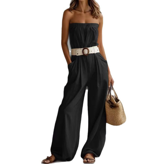 Damen Lässiger Jumpsuit mit Gürtel und weitem Bein R&B