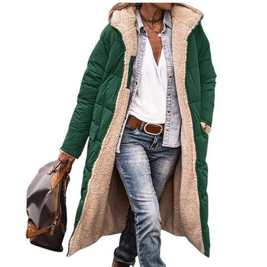 Damen lange, gefütterte Winterjacke mit Kapuze und stylischem Schnitt R&B