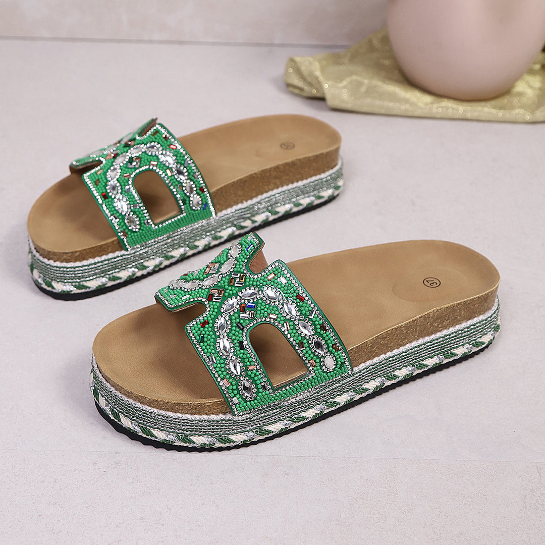 Damen Plateau-Pantoletten mit funkelnden Perlenapplikationen und trendigem Korksohle R&B