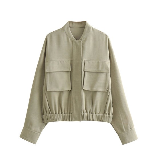Damen elegante Utility-Jacke mit großen Taschen und elastischem Saum R&B