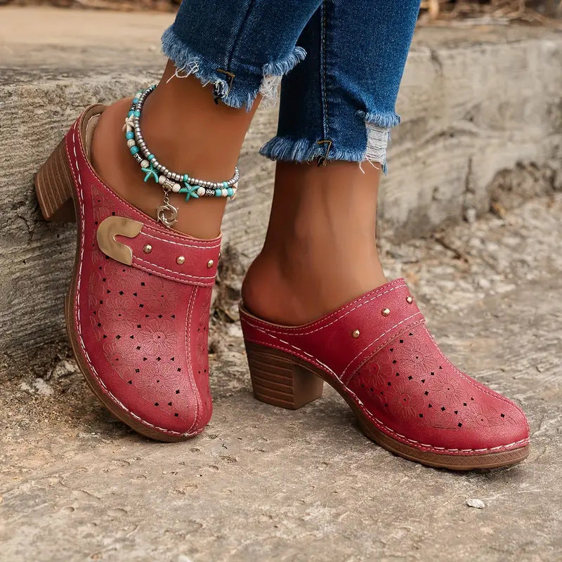 Damen elegante Clogs mit modischem Blumendesign und geschmackvoller Schnalle R&B