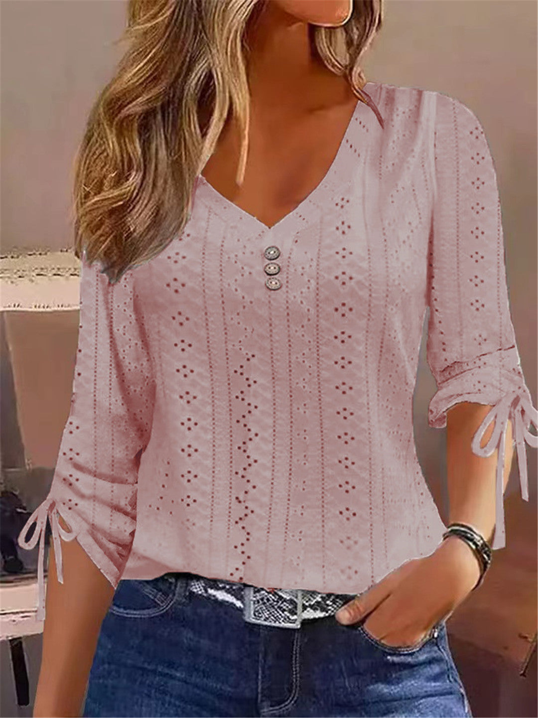 Damen V-Ausschnitt Bluse mit Raffdetails R&B