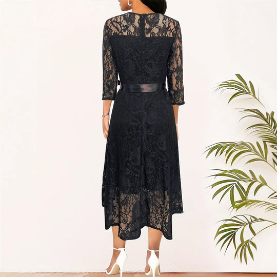 Damen Spitzenkleid mit Taillengürtel und eleganten Halbärmeln R&B