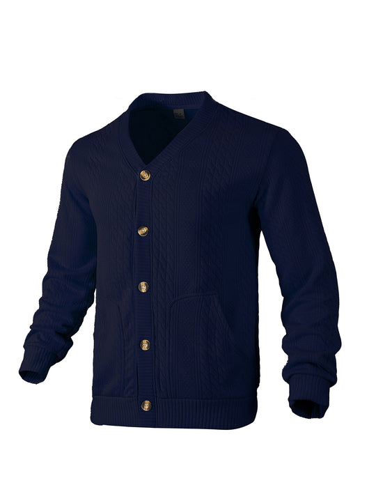 Herren nan eleganter Zopfstrickcardigan mit V-Ausschnitt Knopfleiste und aufgesetzten Taschen R&B