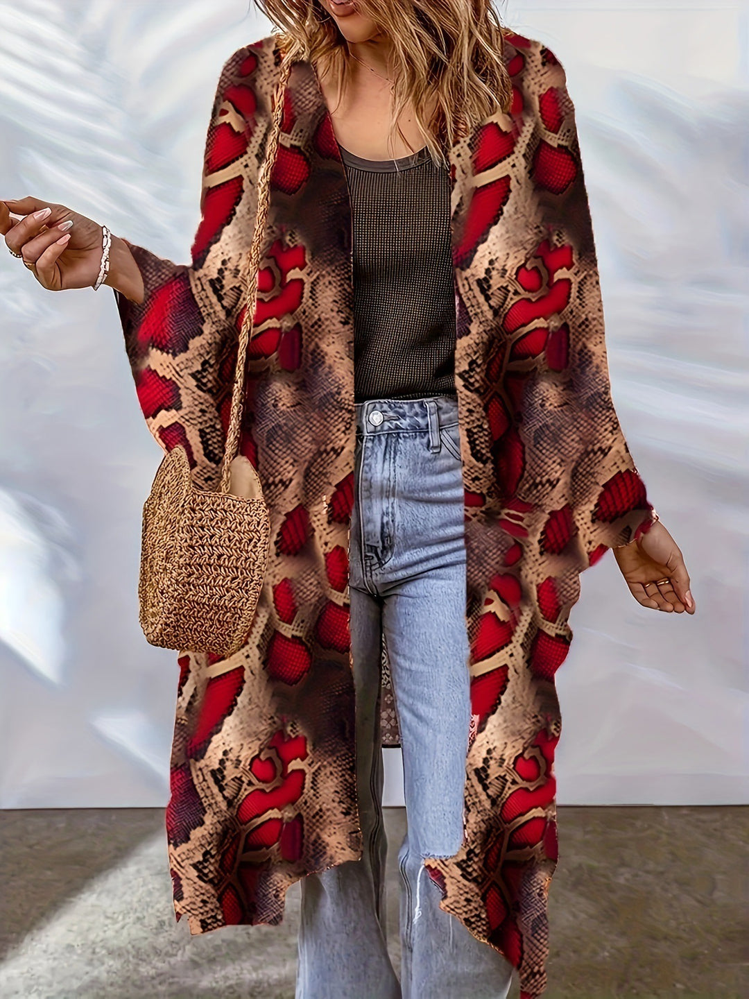 Damen Lässige Kimono-Jacke mit buntem Muster und weitem Schnitt R&B