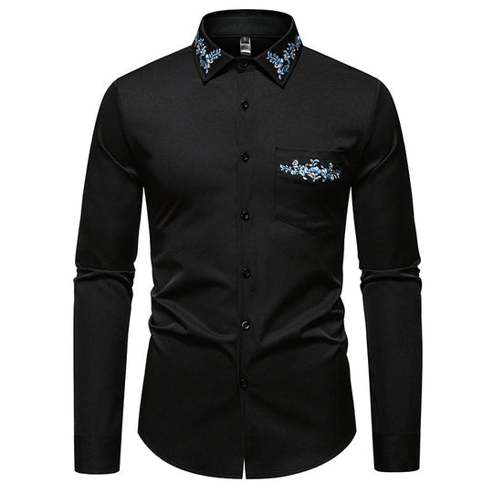 Herren Langarmhemd mit eleganter Blumenstickerei und modernem Kragen R&B