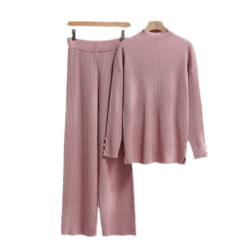 Damen lässiger Strickanzug mit Stehkragen und Knopfdetails R&B