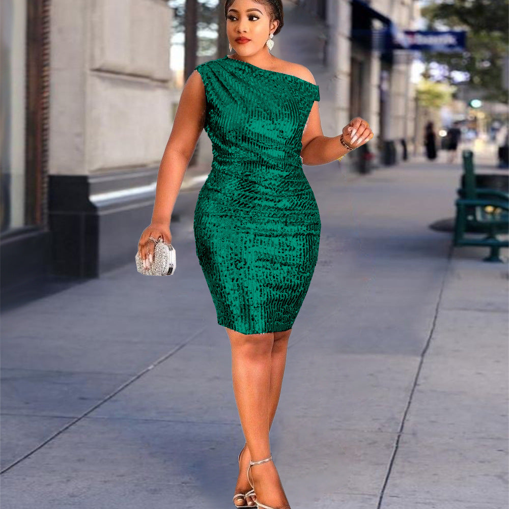 Damen figurbetontes Cocktailkleid mit asymmetrischem Schnitt und glitzerndem Stoff R&B