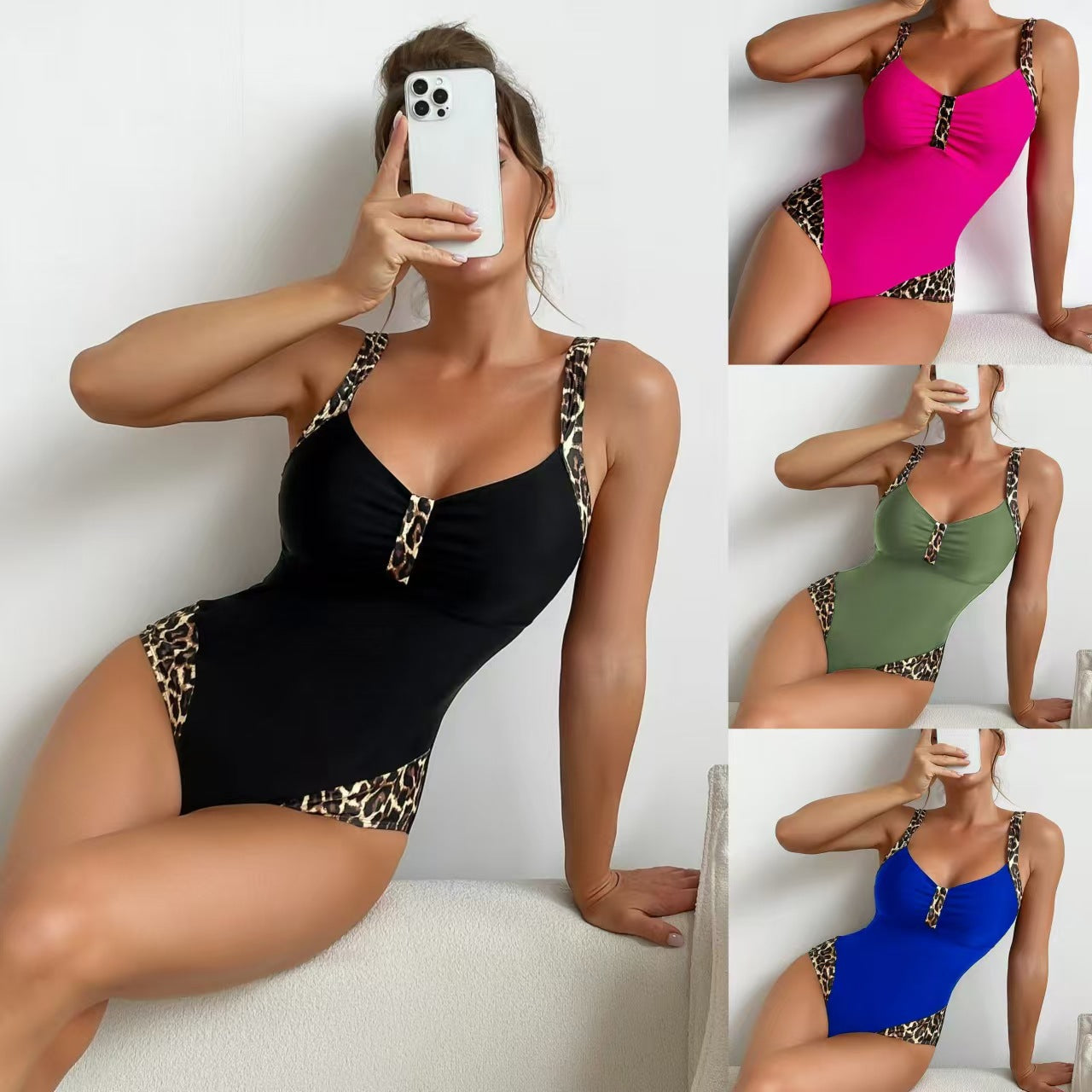 Damen Figurumspielender Badeanzug mit eleganten Tiermuster-Trägern R&B
