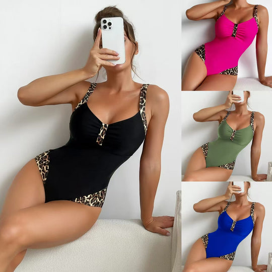 Damen Figurumspielender Badeanzug mit eleganten Tiermuster-Trägern R&B