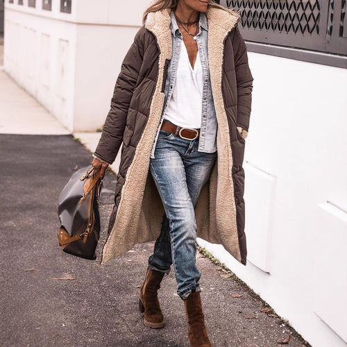 Damen Wintermantel im lässigen Oversized-Stil mit Kapuze und seitlichen Taschen R&B