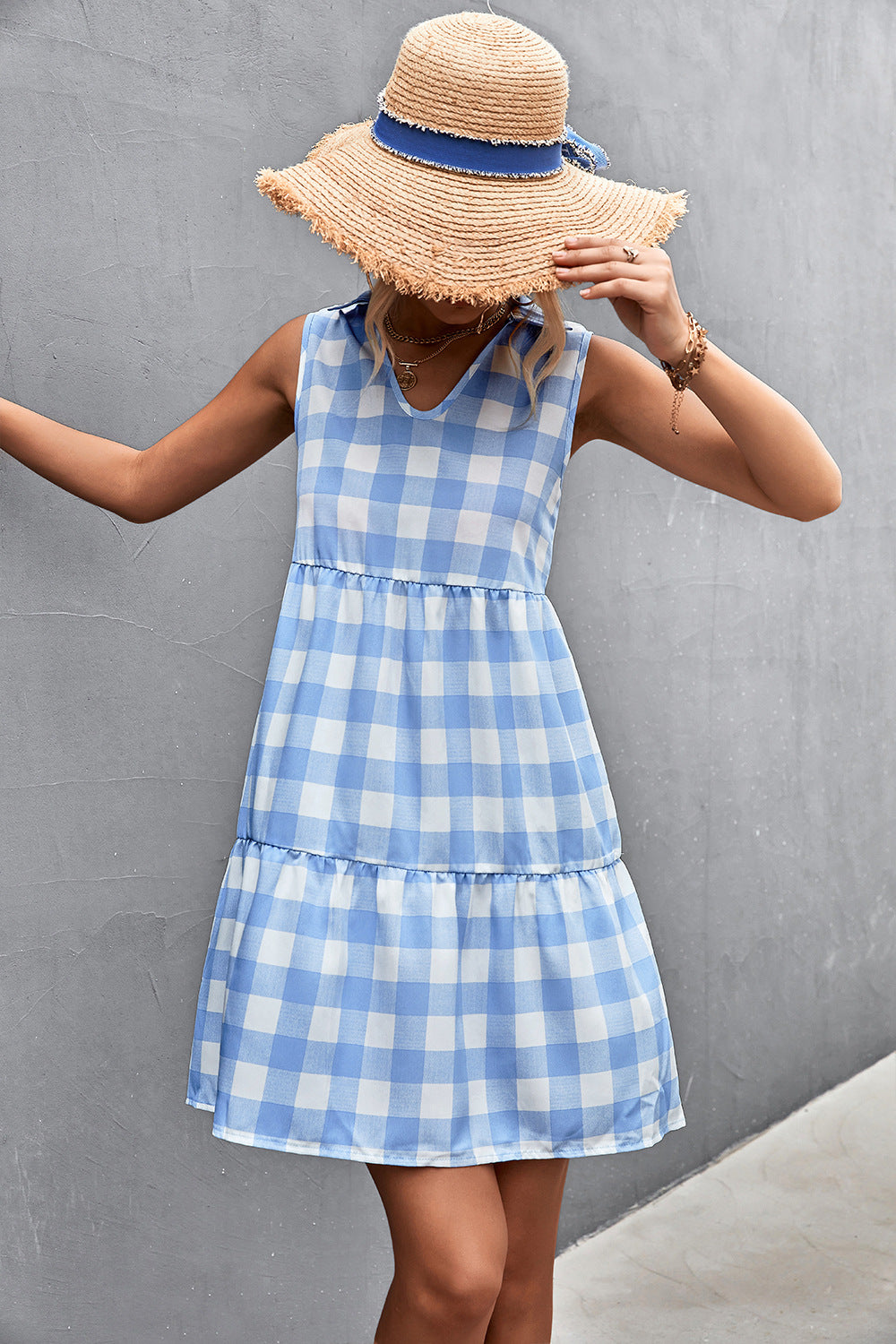 Damen V-Ausschnitt Freizeitkleid mit tierfreundlichem Karomuster und femininer Silhouette R&B
