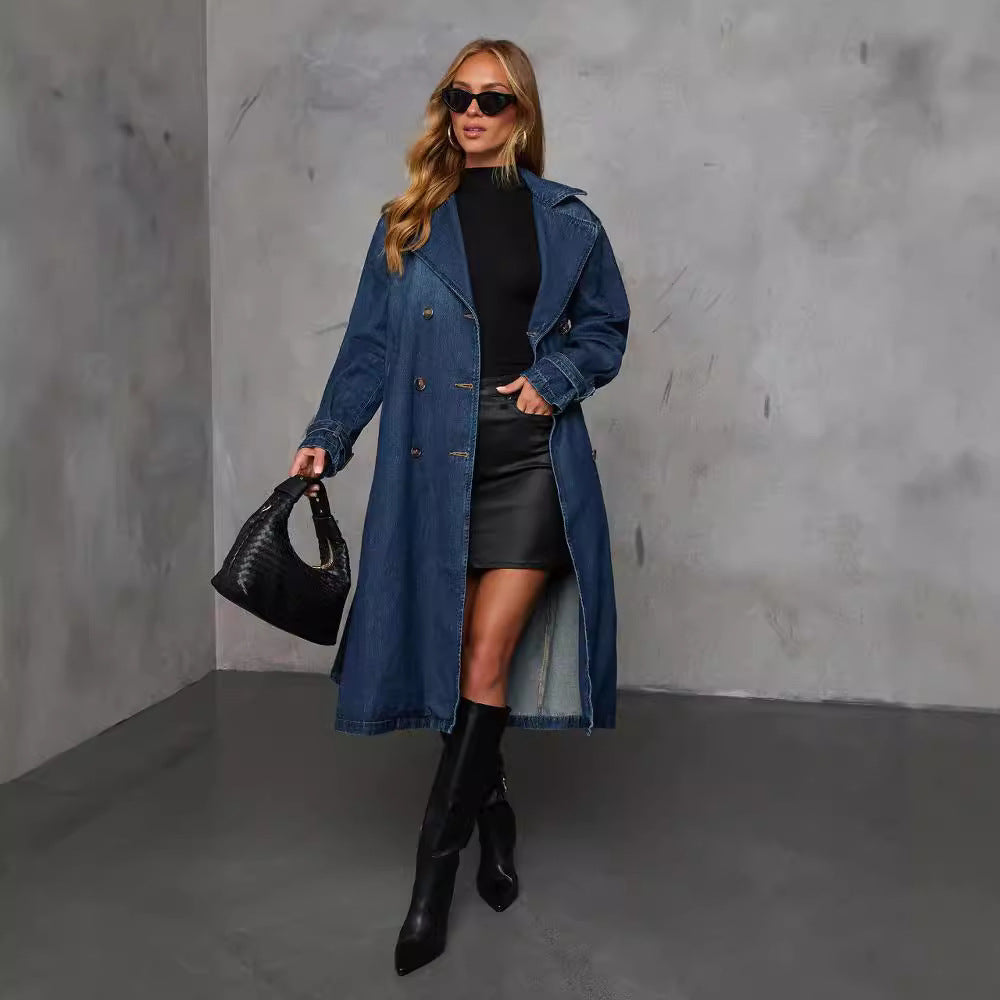 Damen Denim Trenchcoat mit Gürtel und praktischen Taschen R&B