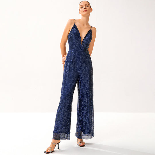 Damen Glitzernder Jumpsuit mit tiefem V-Ausschnitt und weitem Beinschnitt R&B