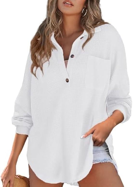 Damen Waffelstruktur Bluse mit Knopfleiste und Brusttasche R&B
