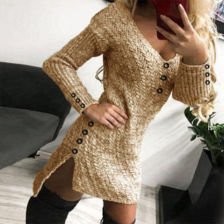 Damen Strickkleid mit V-Ausschnitt und Knopfdetails R&B