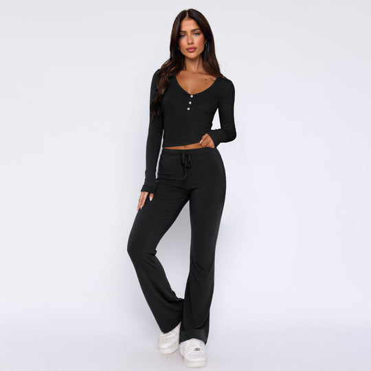 Damen bequemes Oberteil mit Knopfleiste und lockerer Hose R&B