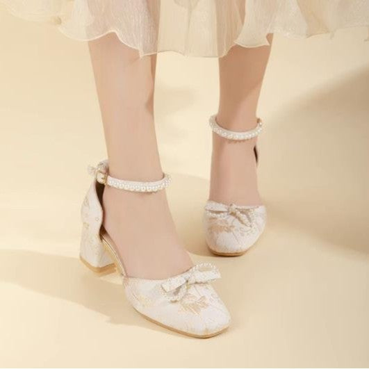 Damen elegante Pumps mit zierlichem Schleifenakzent und perlverziertem Riemen R&B