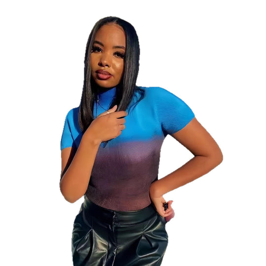 Damen Kurzarm-T-Shirt mit modernem Farbverlauf und hohem Kragen R&B