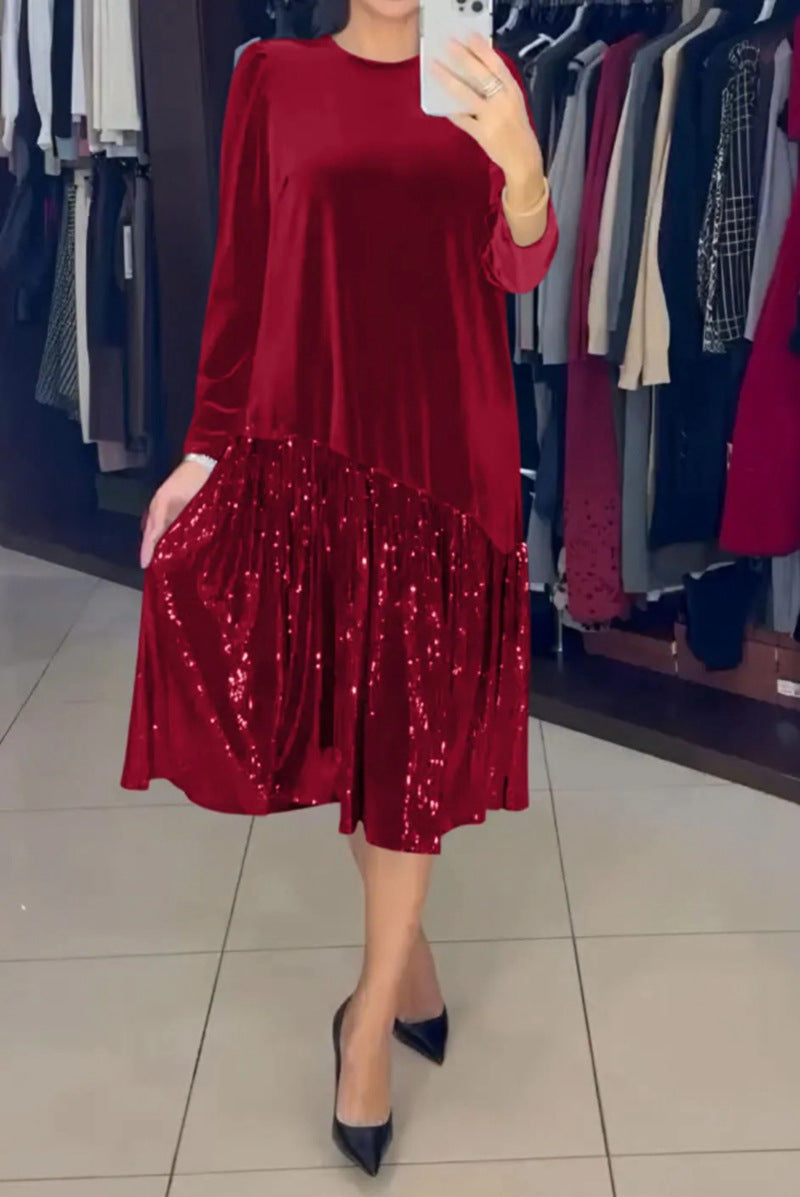 Damen nan Samt-Midikleid mit plissiertem Paillettenrock, lockerem A-Linien-Schnitt und Rundhalsausschnitt R&B