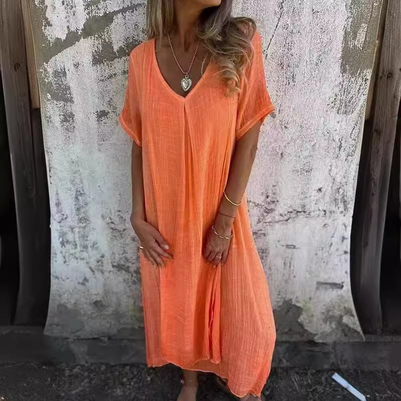 Damen Leichtes Sommerkleid mit V-Ausschnitt und weiten Ärmeln R&B