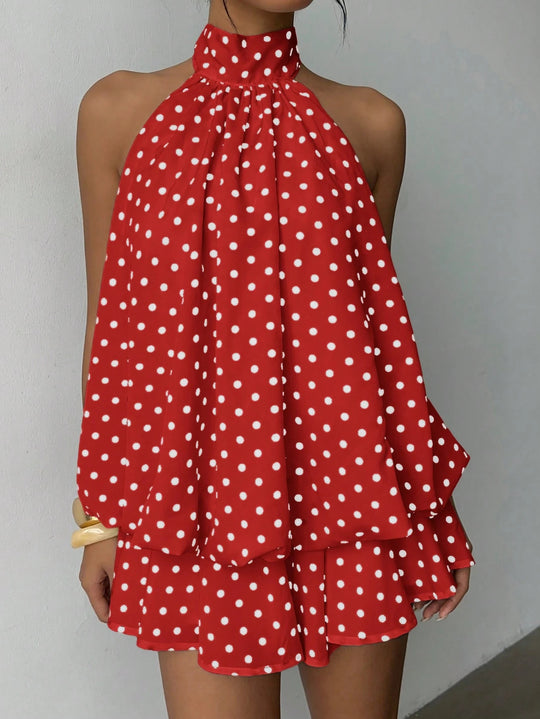 Damen modisches Polka-Dots Set mit hohem Kragen und voluminösen Ärmeln R&B