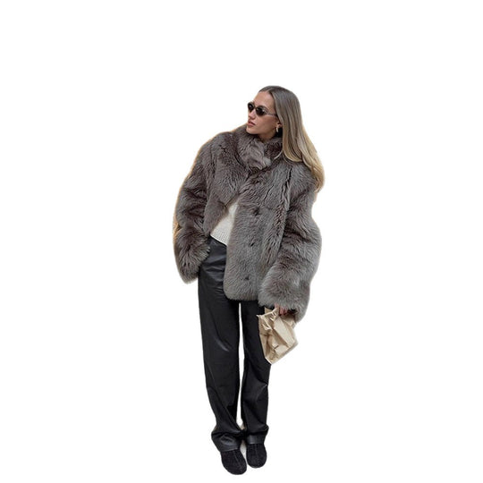 Damen luxuriöse Kunstfelljacke mit voluminösen Ärmeln R&B