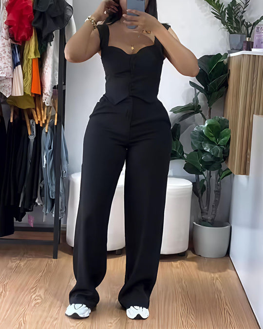 Damen Jumpsuit mit figurbetontem Oberteil und weiten Beinen R&B