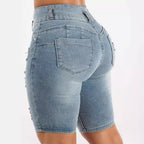 Damen Ripped Denim Shorts mit regulierbarem Bund und modischen Zierflicken R&B