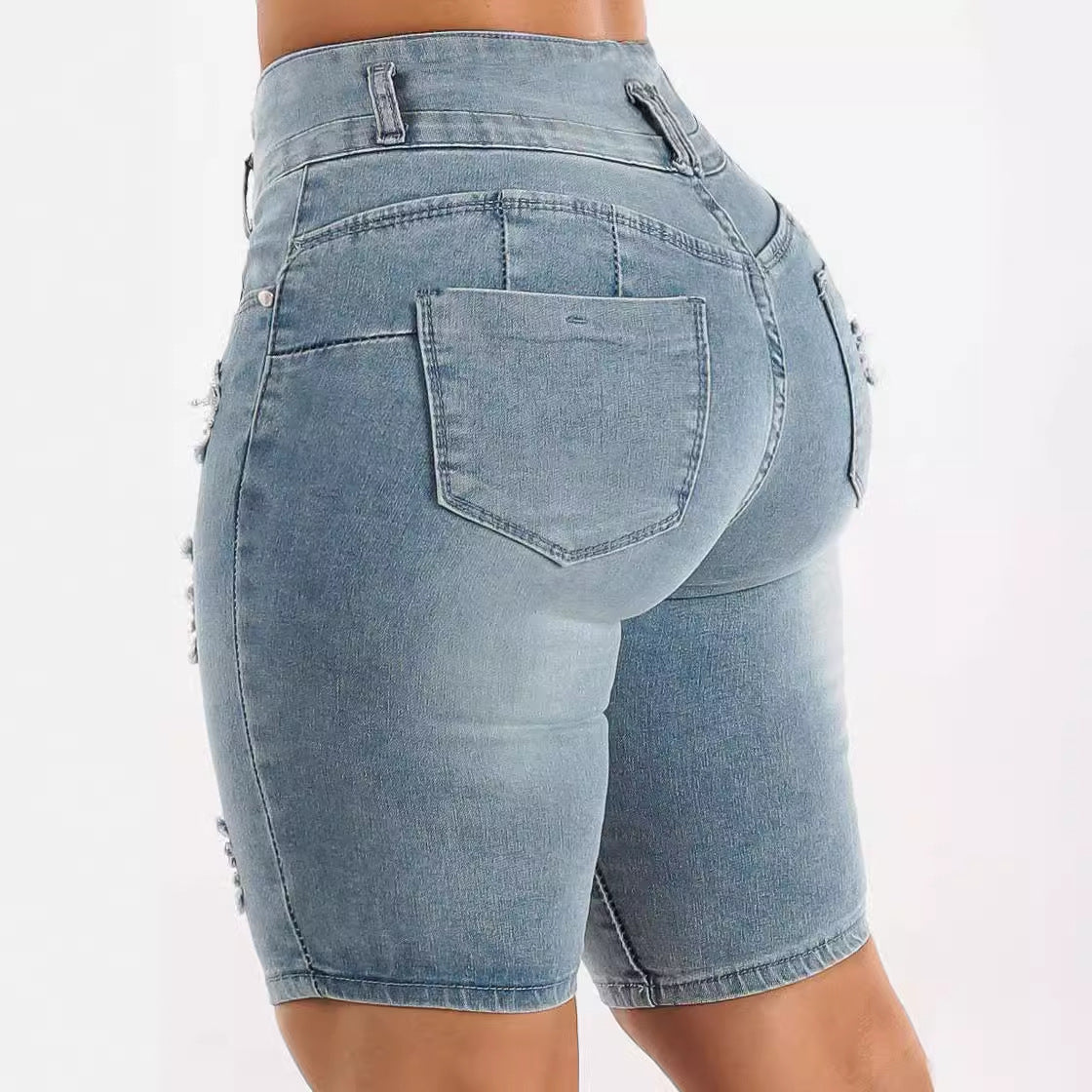 Damen Ripped Denim Shorts mit regulierbarem Bund und modischen Zierflicken R&B