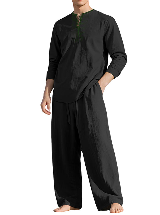 Herren nan Tunika- und Palazzohose-Set mit Henley-Blende, Zierstickerei und weitem Schnitt R&B