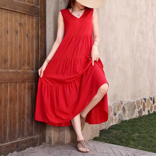 Damen Elegantes Sommer-Maxi-Kleid mit voluminösem Rock und V-Ausschnitt R&B